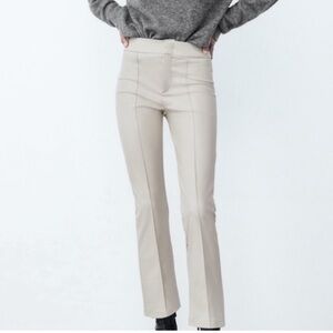 Zara Vegan Leather Cream Cropped Flare Pants Size Large
